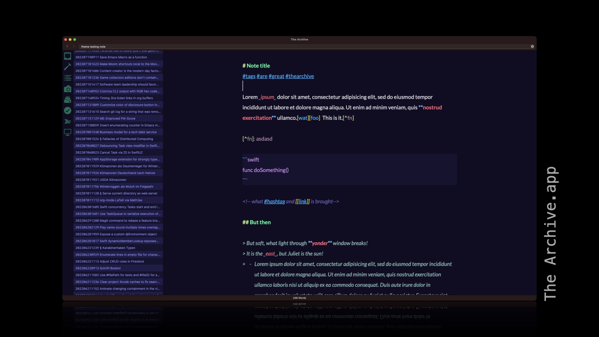 Screenshot of note-taking app 'The Archive'