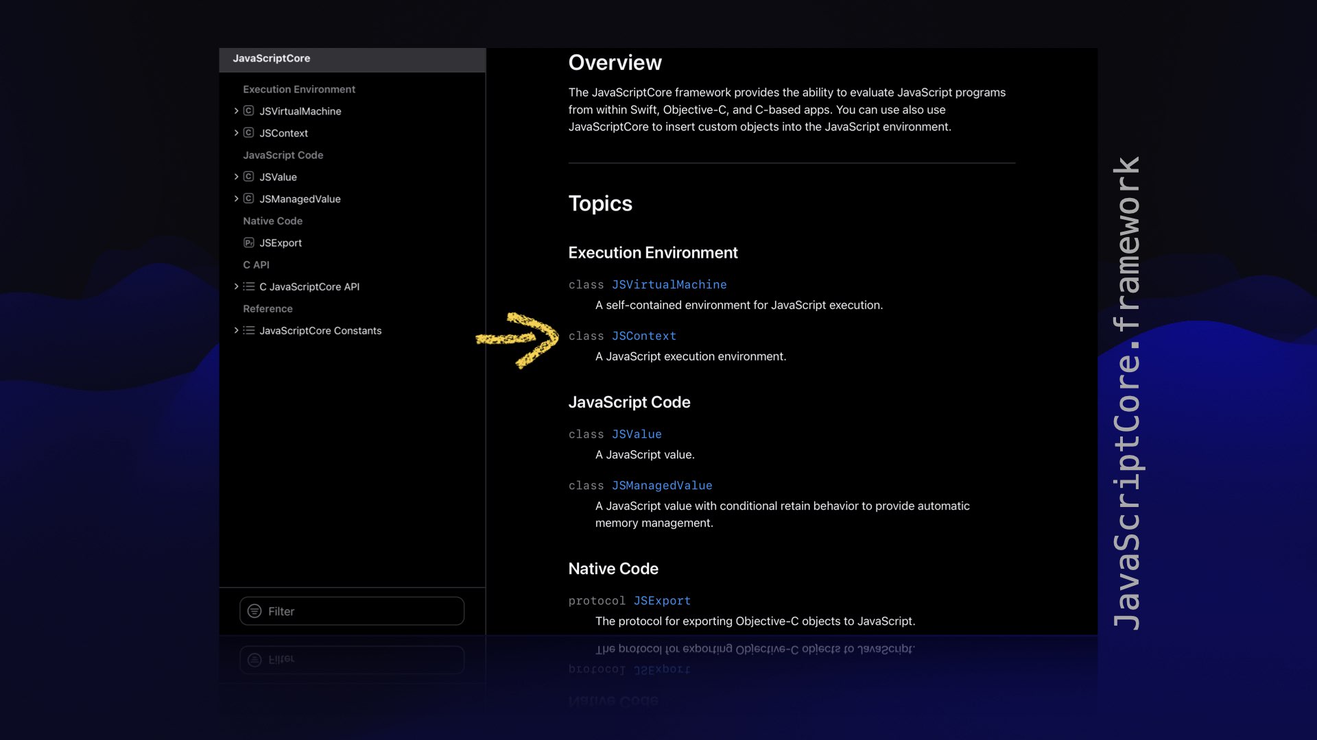 Screenshot of JavaScriptCore.framework documentation