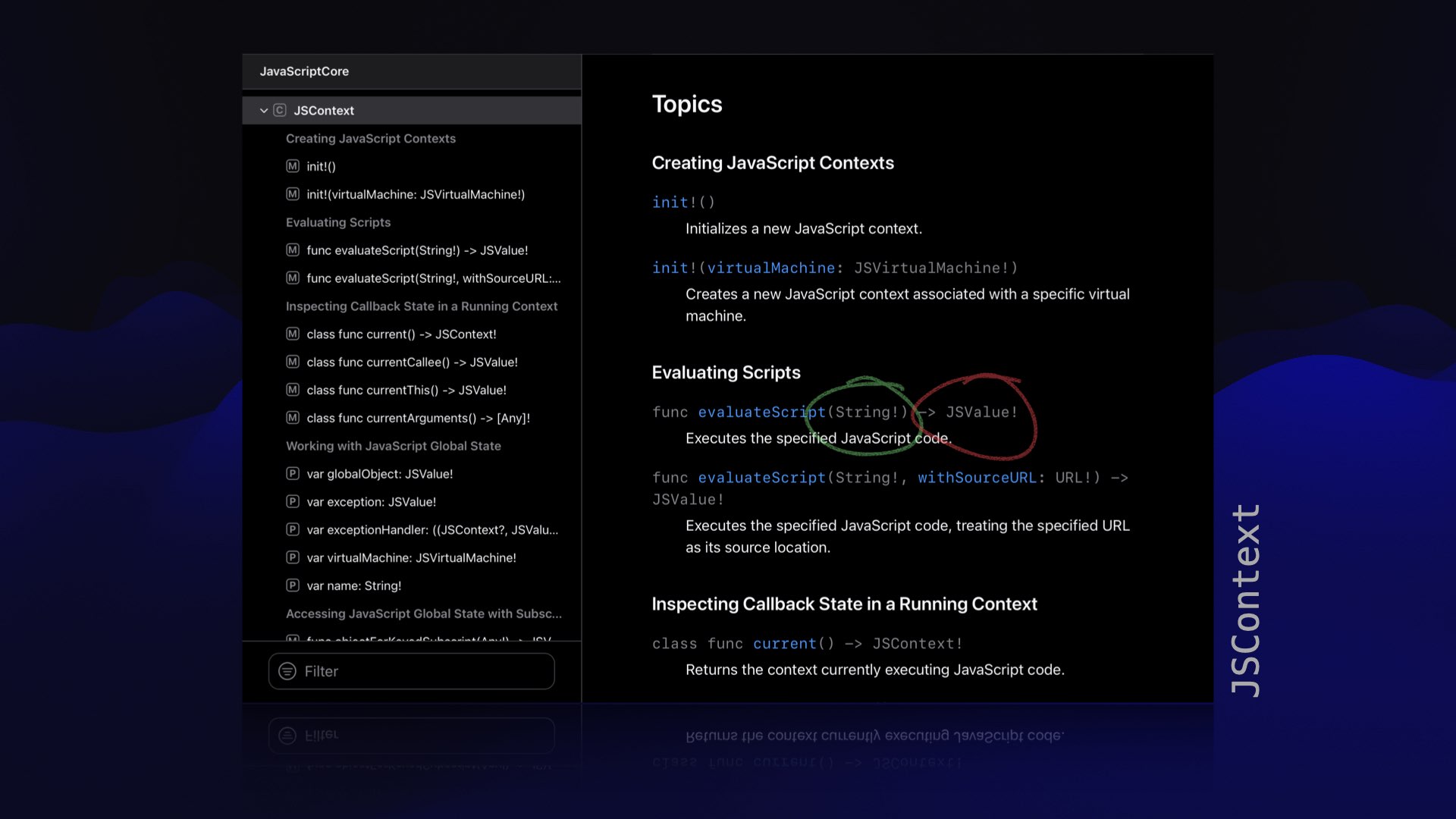 Screenshot of JavaScriptCore.framework documentation focusing on the 'evaluate' function