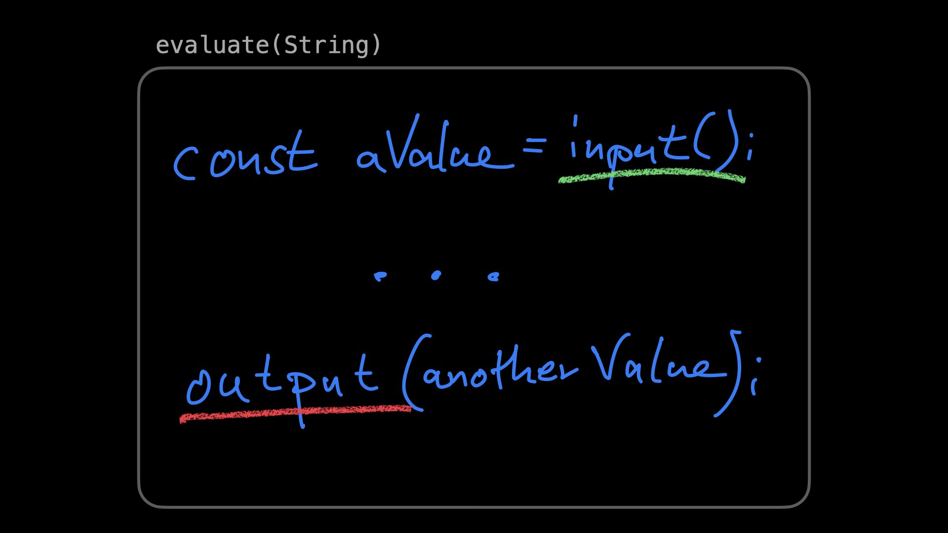 const aValue = input();
...
output(anotherValue);